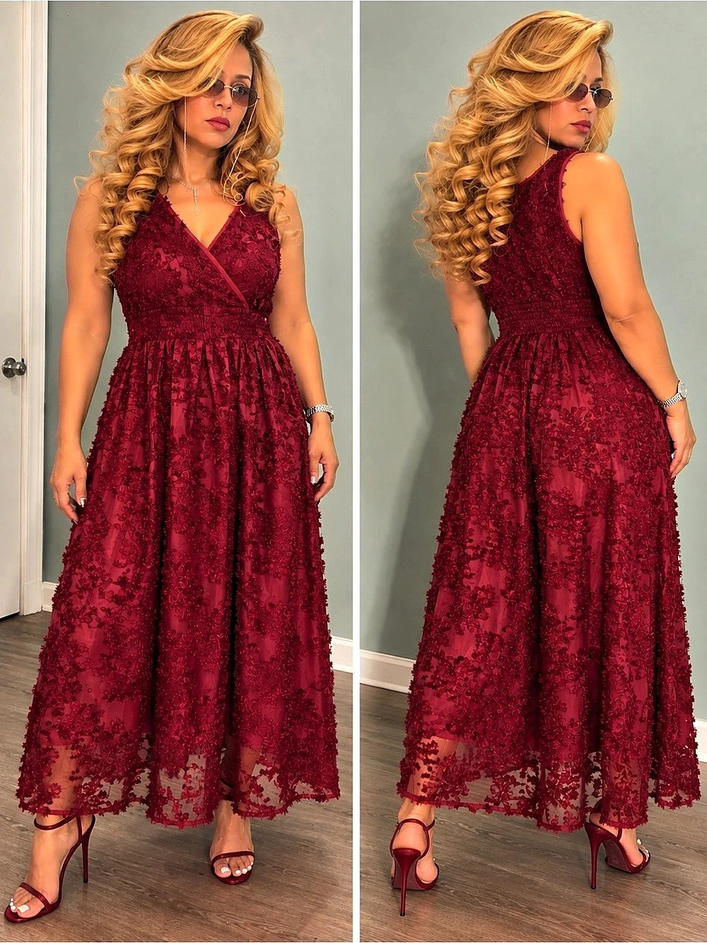 Burgundy Floral Lace Maxi Dress – L – New with Tags